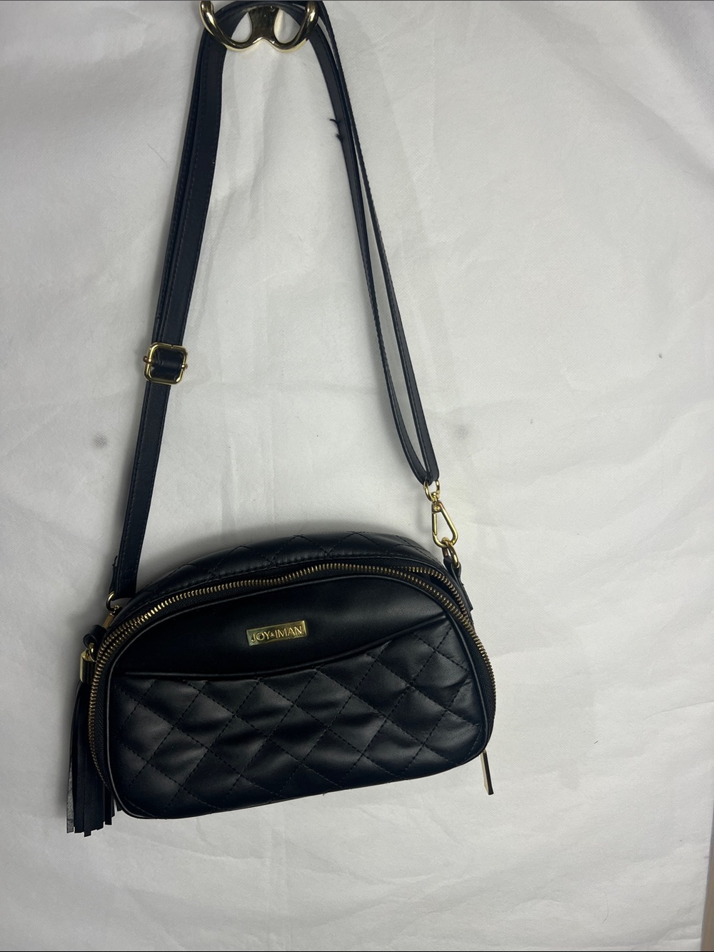 Joy & Iman Black Quilted Crossbody with Gold Hardware